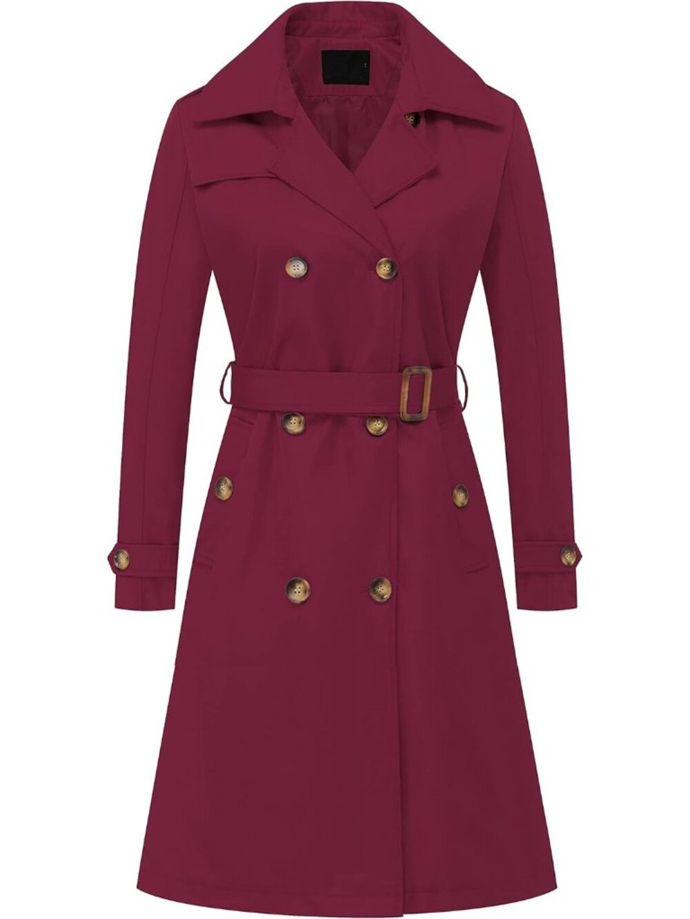 Womens Wine Red Detachable Hood Mid-Long Belted Double-Breasted Trench Rain Coat
